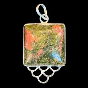 Sterling Silver 925 & Square Cut Unakite Stone Pendant 5.2 Grams Heart Chakra